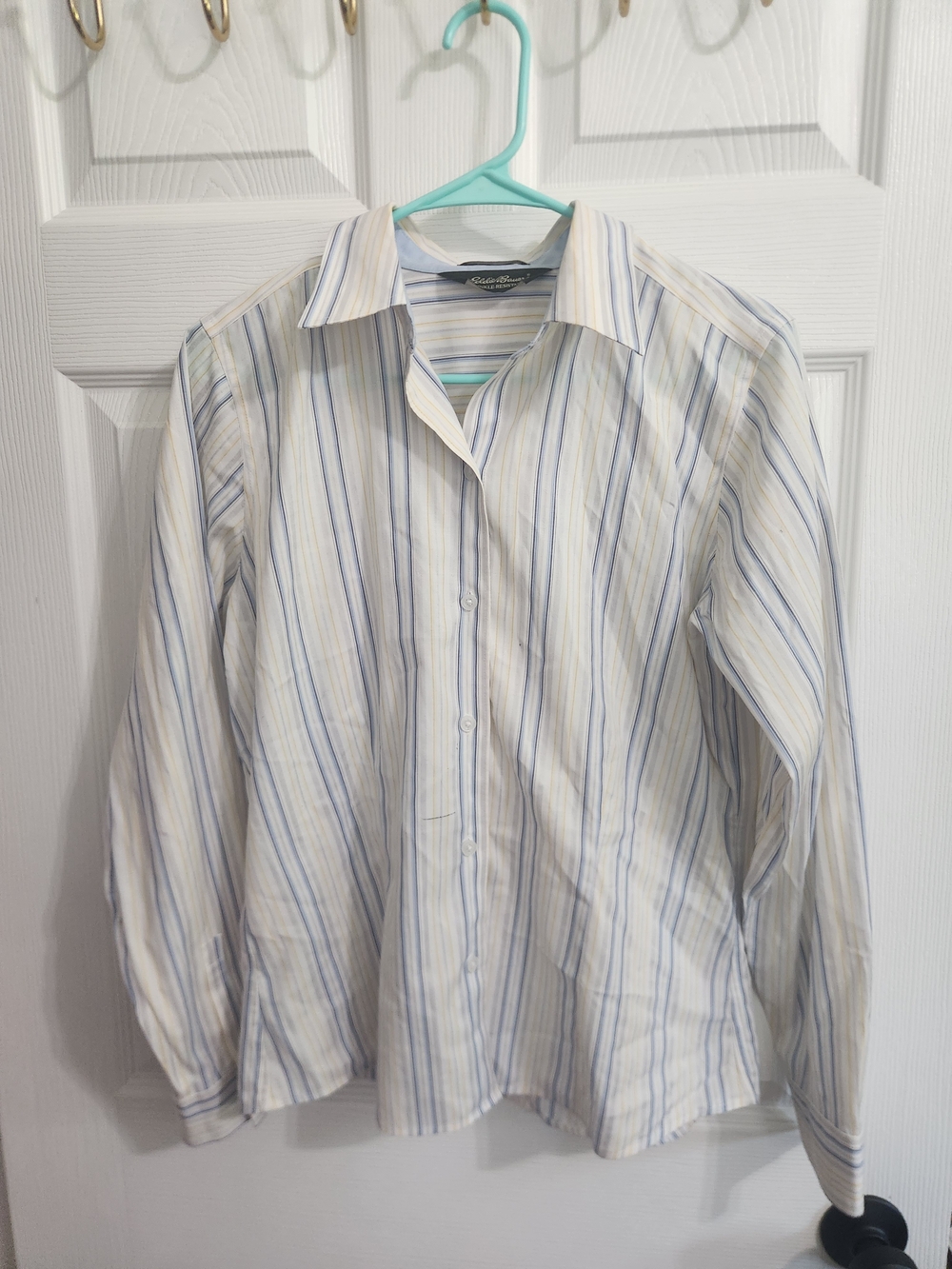 Eddie Bauer White Dress Shirt with Blue and Light Yellow Stripes